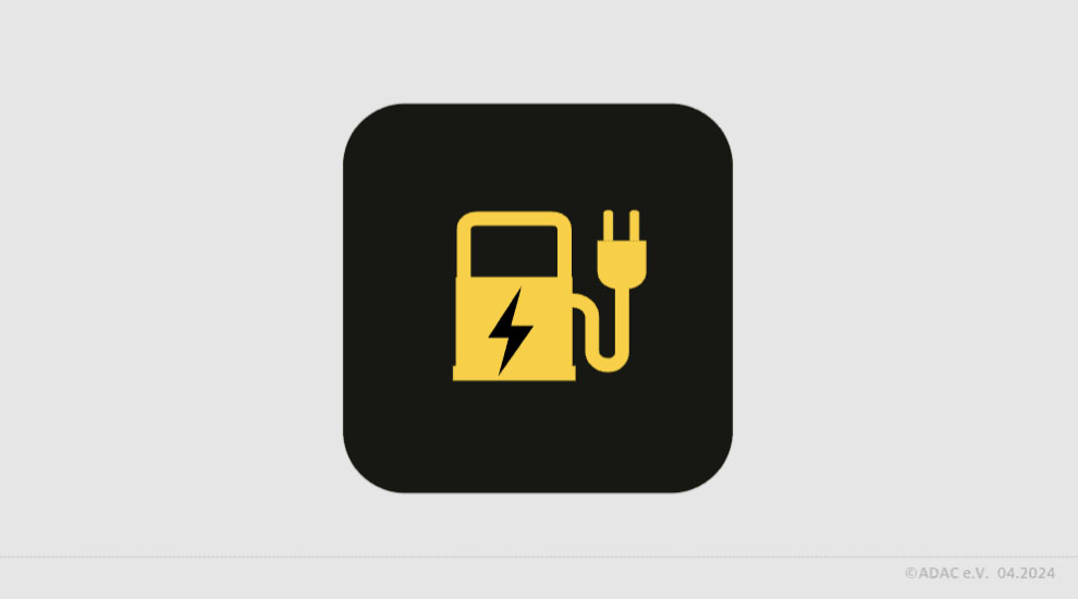 E-Auto ist mit Ladeeinrichtung verbunden. Vereinzelt kann das Symbol eine andere Bedeutung haben. Betriebsanleitung benutzen.
