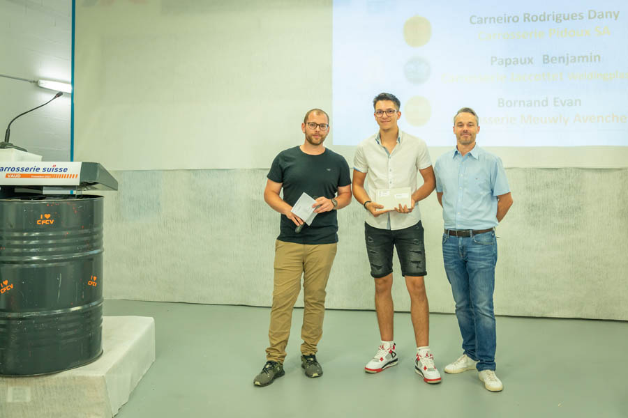 Les trois meilleurs carrossiers-tôliers 2023: Dany Carneiro Rodrigues, Benjamin Papaux, Evan Bornand.