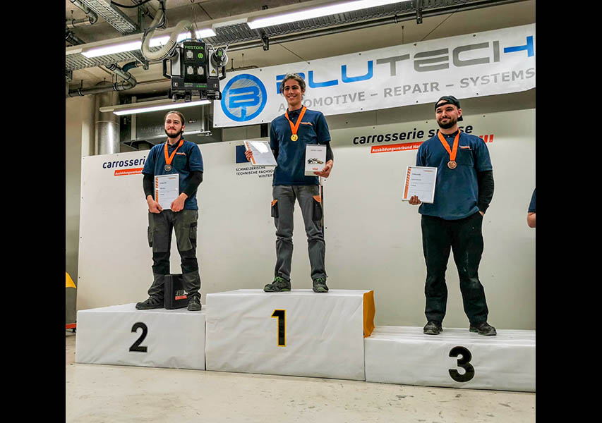 Die besten Carrosserielackierer/innen (v. l.): Ufuk Ago (Silber), Daniele Rossi (Gold), Jovica Curulic (Bronze). Fotos: Patric Nägelin, Blutech AG