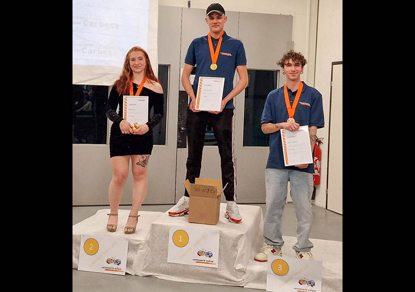 Die Medaillengewinner bei den Lackierern (v. l.): Mylène Roy (Silber), Grégory Esteve (Gold), Loan Chappuis (Bronze).