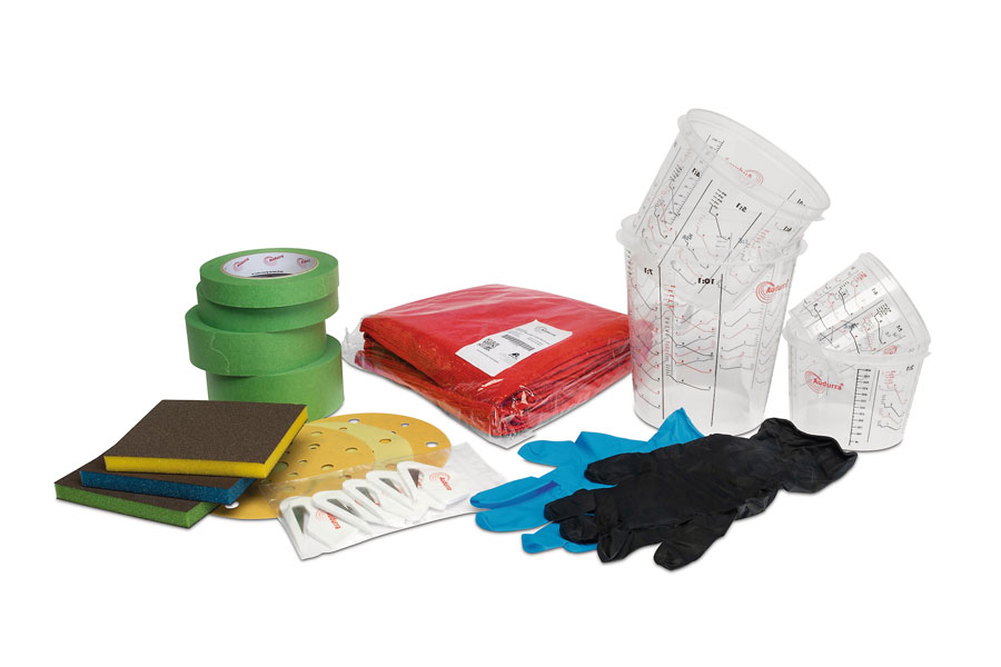 Ins Produktesortiment gehören Schleifmittel, Handschuhe, Mischbecher, Abdeckbänder, Abdeckfolien und vieles mehr.