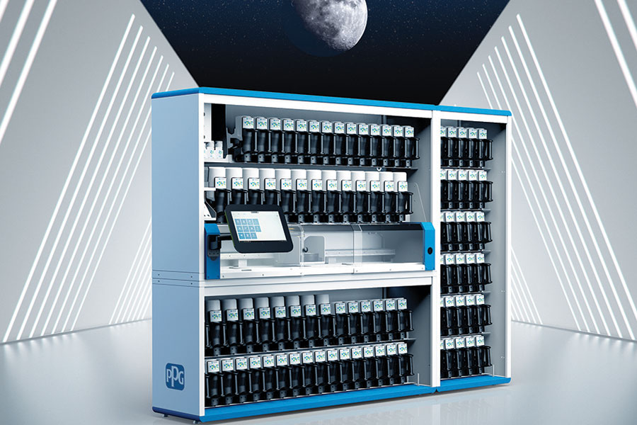 Der Lackhersteller PPG präsentiert in Madrid das automatische Farbmischsystem «Moon Walk». 