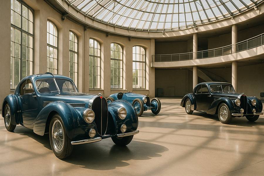 Bugatti im Pantheon Basel – Eleganz trifft Ingenieurskunst. Unter dem Glasdach des Rundbaus glänzen Ikonen wie der Bugatti Type 35 und der Type 57SC Atlantic – Sinnbilder einer Marke, die Ästhetik und Geschwindigkeit zu Kunst erhob.