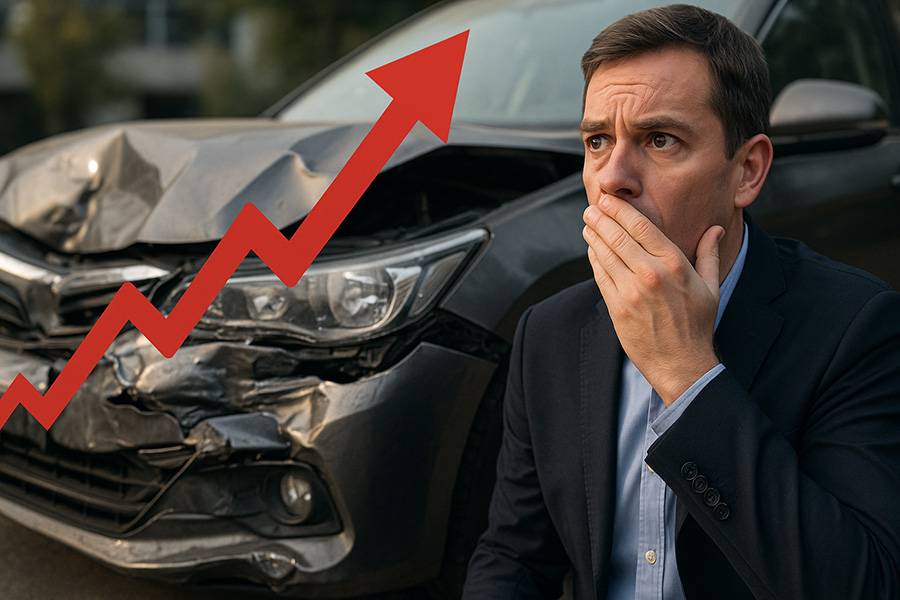 Une carrosserie froissée, un regard déstabilisé – et au-dessus, le message muet du secteur : les primes grimpent, les mots se font rares.