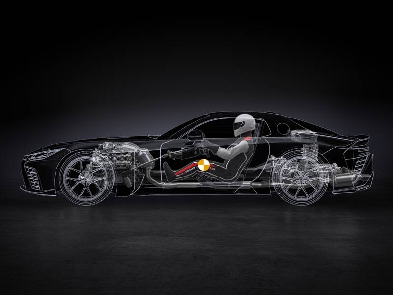 Motor, Hybridmodul, Fahrer – alles millimetergenau nach unten verlagert. Die Illustration macht sichtbar, was «extrem niedriger Schwerpunkt» bedeutet: ein Fahrzeug, bei dem der Mensch fast Teil des Antriebsstrangs wird.