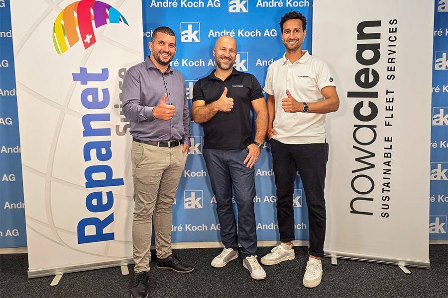 (v. l. n. r.) Dominic Schenker von Repanet, Bogic Dasic von nowaclean sowie Kevin Loeffelbein, Geschäftsführer und Gründer von nowaclean. Die Kooperation soll den Repanet-Partnerbetrieben neue Möglichkeiten im Bereich mobiler und nachhaltiger Fahrzeugpflege eröffnen.