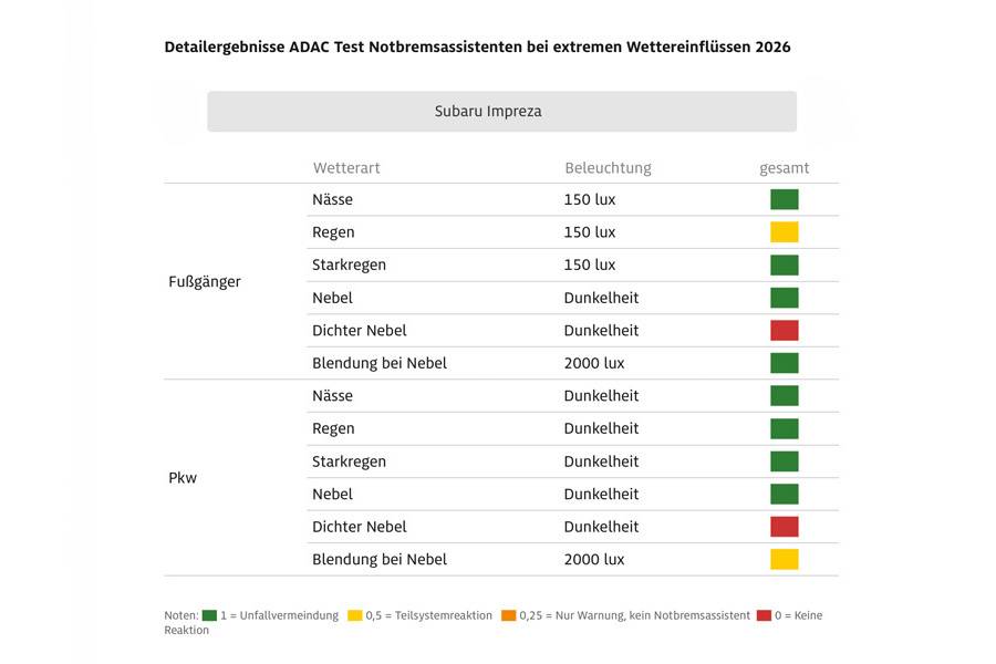 Der Subaru Impreza punktete mit solider Leistung und klarer Systemrückmeldung, geriet im dichten Nebel jedoch an Grenzen. Bild: ADAC