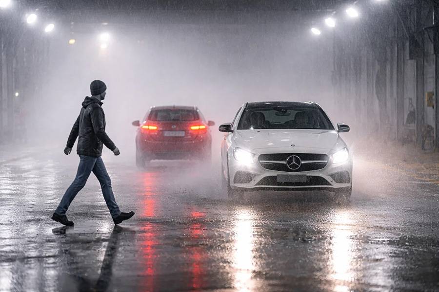 Dans le hall climatique de l’ADAC, les assistants de freinage d’urgence ont dû révéler leurs limites sous la pluie, dans le brouillard et sous des éclairages difficiles. 