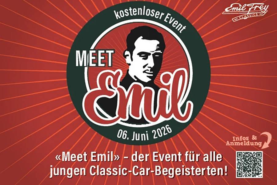 Einladung mit Retro-Charme: Am 6. Juni 2026 lädt Emil Frey Classics zum kostenlosen «Meet Emil» nach Safenwil – Treffpunkt für junge Fans von Old- und Youngtimern.