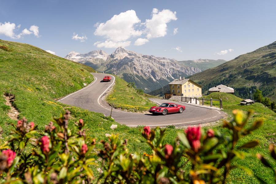 Alpenblumen, Felswände und mittendrin der Dino: Auf den Passstrassen zeigte sich, weshalb dieser Ferrari-Ableger nicht fürs Museum geboren wurde, sondern für Kurven mit Aussicht.