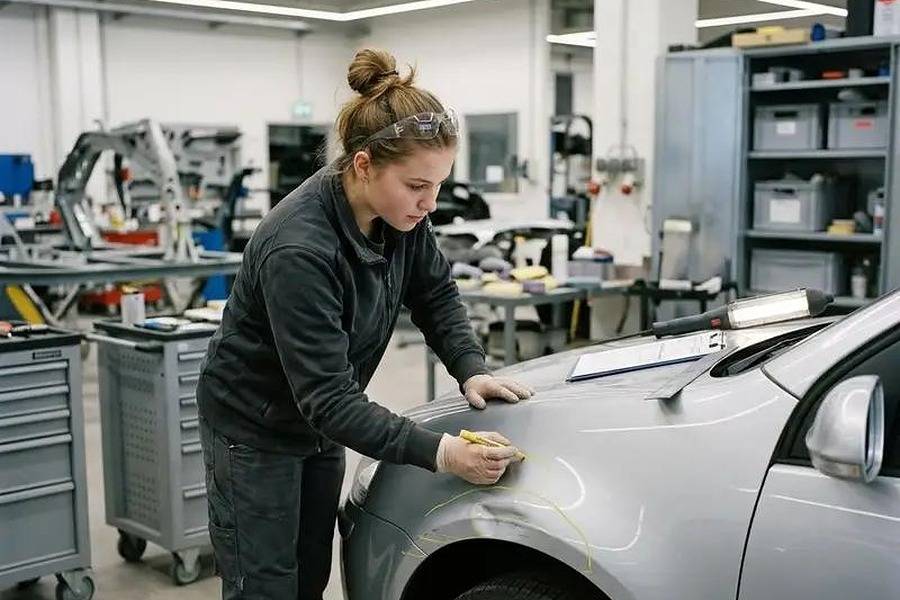Schaden prüfen, markieren und den Reparaturweg festlegen: In der Schweizer Carrosserielackierlehre waren 2025 bereits 25,7 Prozent der Lernenden Frauen.