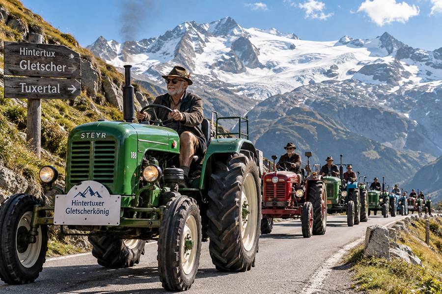 Technikgeschichte mit Zündstoff: Beim «Hintertuxer Gletscherkönig» tuckerten rund 250 historische Traktoren durchs Tuxertal Richtung Gletscher – für die einen gelebtes Kulturgut, für die anderen eine Dieselparade aus der Zeit gefallen.
